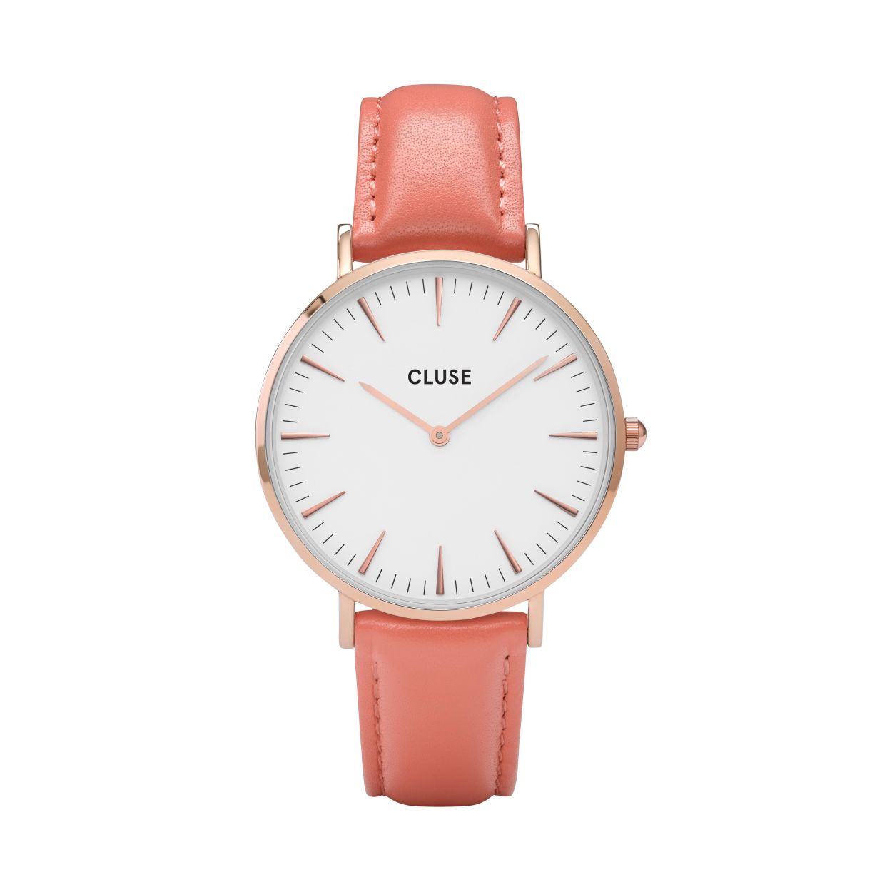 Dit is een horloge van Cluse. De kast is gemaakt van messingen de kleur van de kast is rose goud. De band is gemaakt van leer en de kleur van deze band is roze.