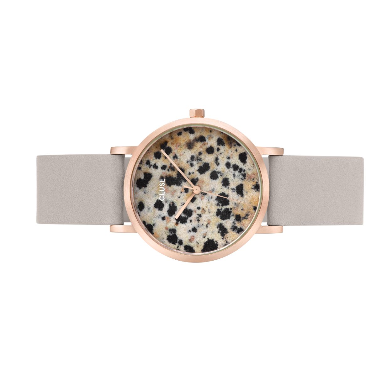 Dit is een horloge van Cluse. De kast is gemaakt van edelstaalen de kleur van de kast is rose goud. De band is gemaakt van leer en de kleur van deze band is grijs.