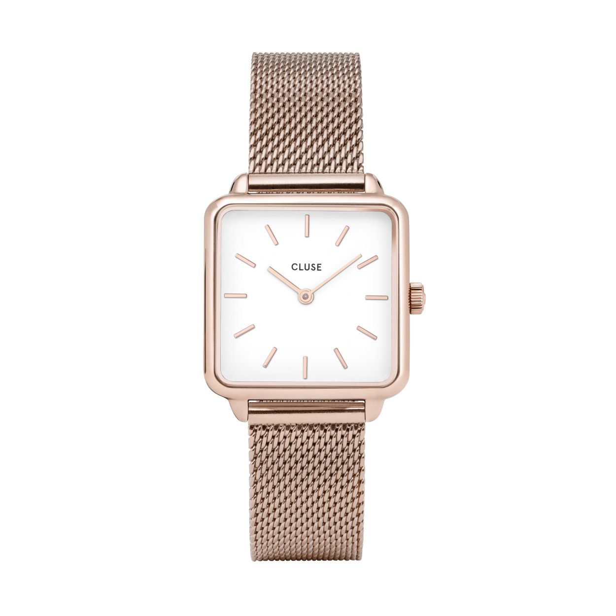 CLUSE La Tétragone Rosegoudkleurige/White Mesh horloge met een vierkante kast en een witte achterplaat. Materiaal edelstaal