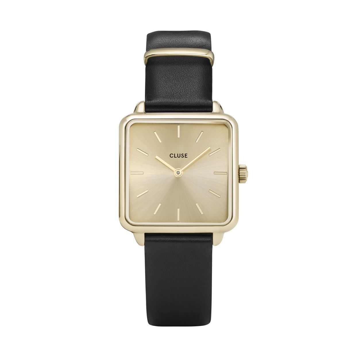Dit is een horloge van Cluse. De kast is gemaakt van messingen de kleur van de kast is goud. De band is gemaakt van leer en de kleur van deze band is zwart .