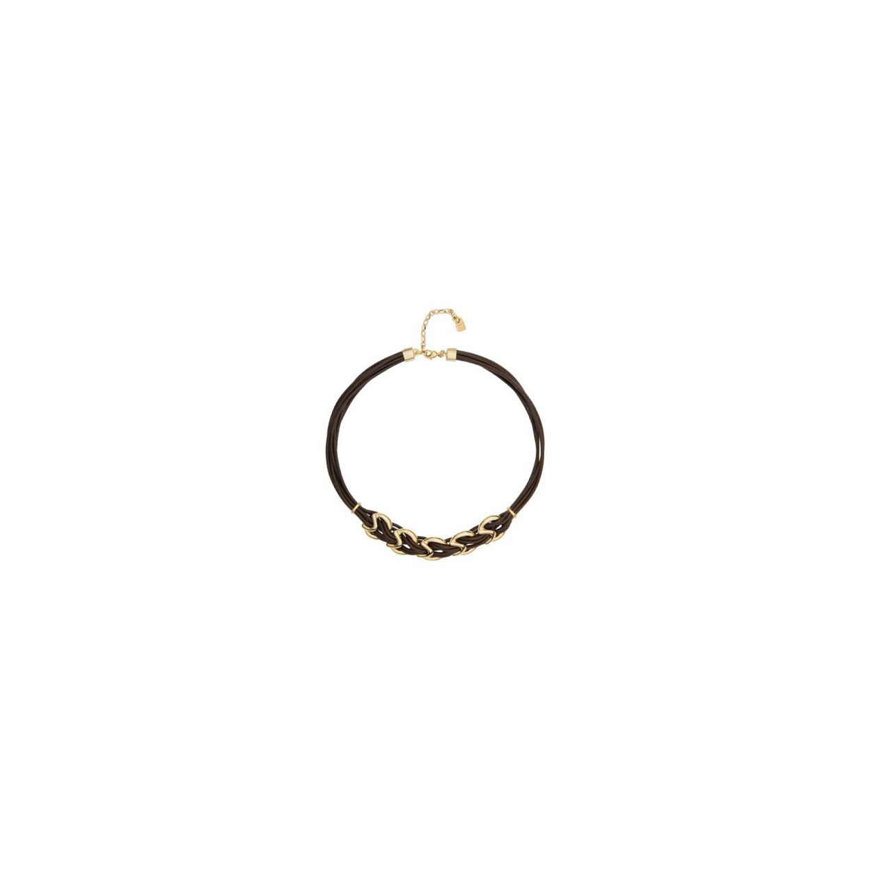 Elegante combinatie van metaal en leer creëert dit unieke juweel dat u kunt dragen met uw looks. Het heeft verschillende bruine lederen strips met delicate vergulde metalen Glow. Ketting 100% handgemaakt in Spanje.