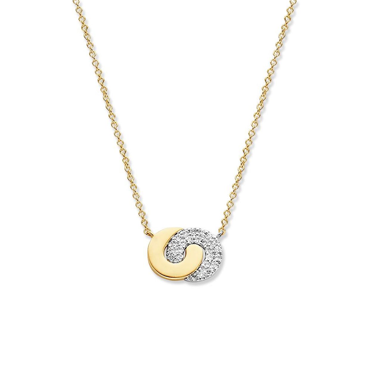 14 Karaat bicolor geel-met witgouden anker collier met 2 verbonden cirkels met 0.08 crt briljant. H/SI. Lengte colier 40-41-42 cm.
