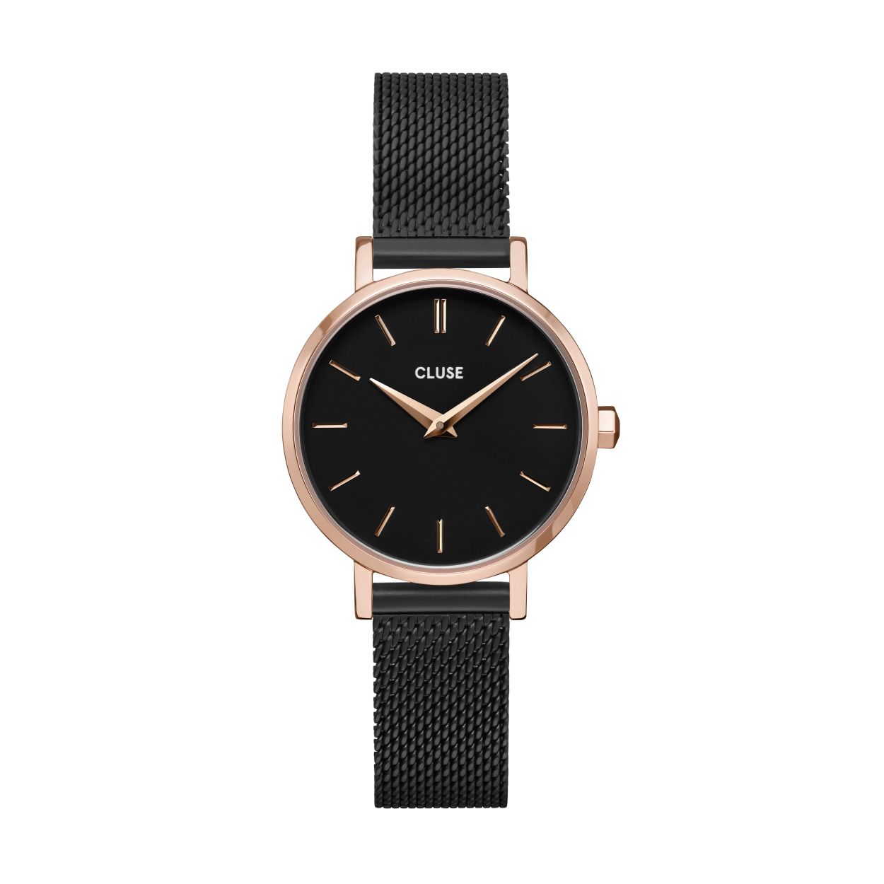 Dit is een horloge van Cluse. De kast is gemaakt van edelstaal en de kleur van de kast is rose goud. De band is gemaakt van edelstaal en de kleur van deze band is zwart.