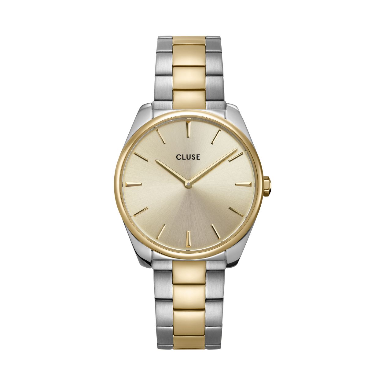 Als je de grenzen van minimalisme en glamour wilt vervagen, biedt dit tweekleurige CLUSE Féroce horloge je het beste van twee werelden. Het is een ware klassieker. Een ode aan je liefde voor minimalisme en joie de vivre. Zijn kast van 36 mm is verfijnd, maar uitgesproken: een perfecte metgezel voor de middelgrote pols. De zilverkleurig met goudkleurig gecombineerde kast en schakelarmband passen perfect bij de goudkleurige sunray wijzerplaat. Je kunt eenvoudig de band van dit Feróce model vervangen door elk 18 mm horlogebandje van CLUSE.