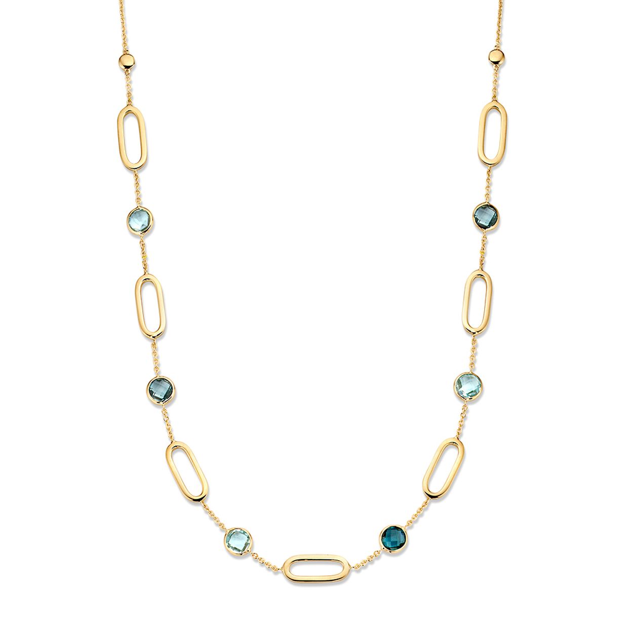 Geelgouden colliermet ovale schakels en blauwe topaas + london blue topaas.
