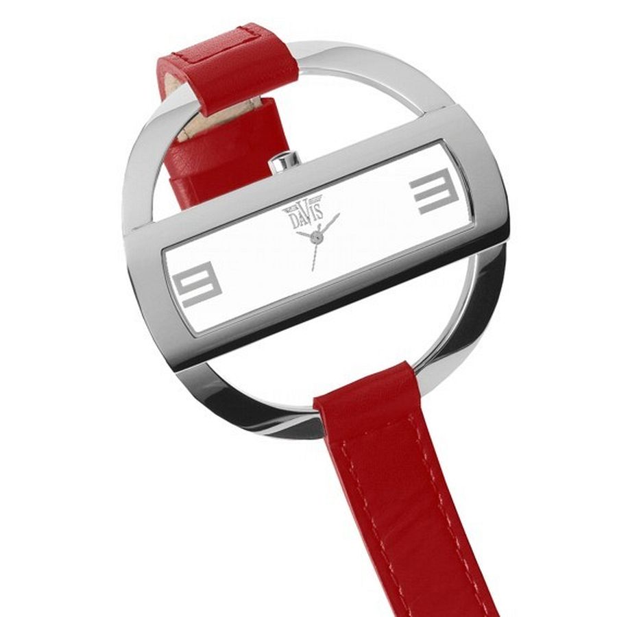 Caroll Red/White dameshorloge van het merk Davis. Glamoureus en compact horloge met ronde kast en rode band.