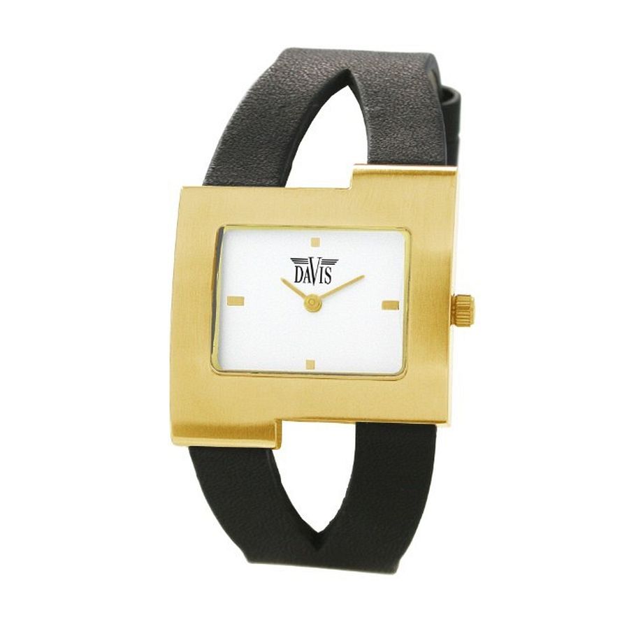 Faith Watch Black/White, dameshorloge van het merk Davis. Chique en luxe horloge met zwarte band en vergulde kast. De witte wijzerplaat zorgt voor een oogverblindend effect.