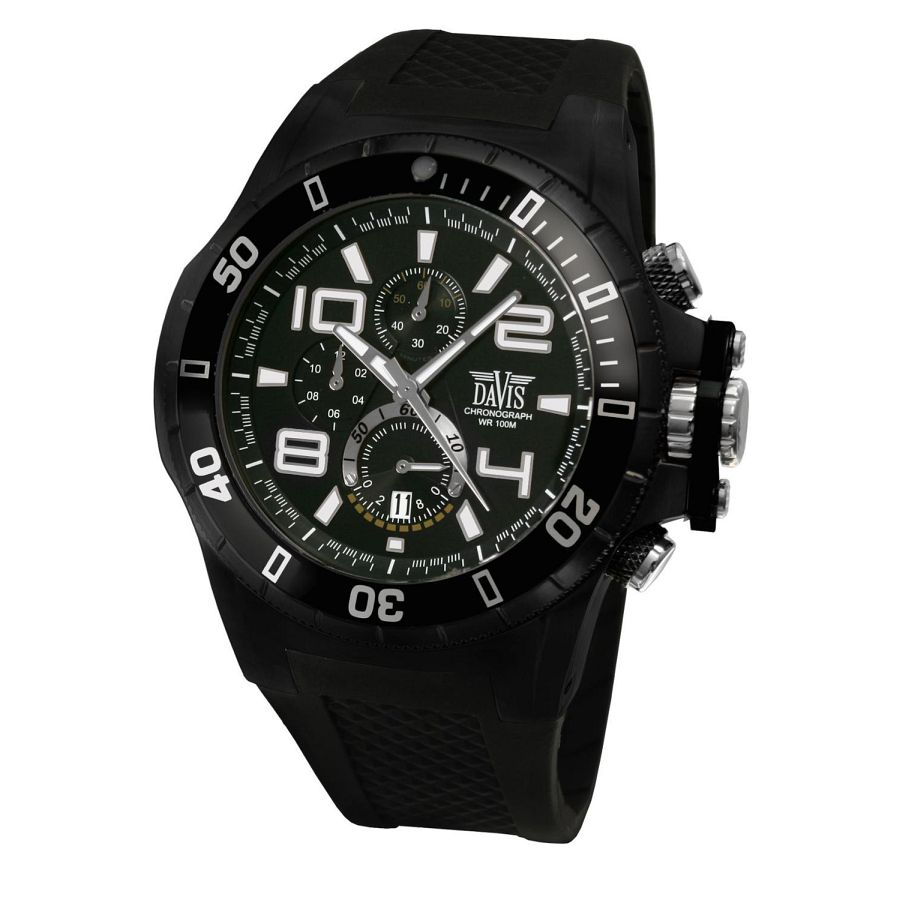 Extreme All Black horloge van het merk Davis. Chique horloge met ronde kast en andere functies. Het horloge heeft extra klokjes op de wijzerplaat (Chronograaf). Davis toont zijn ervaring met dit stevige horloge.