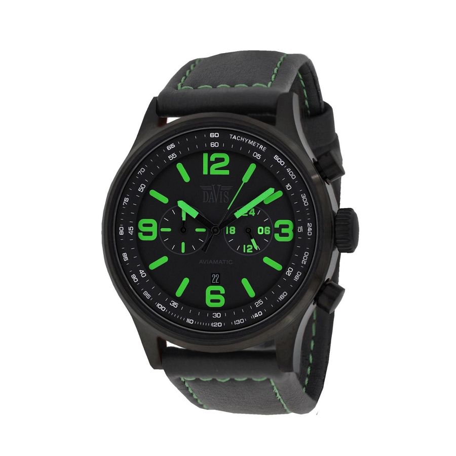 Aviamatic Black/Green herenhorloge van het merk Davis. Een bijzonder opvallend horloge binnen de collectie van Davis.