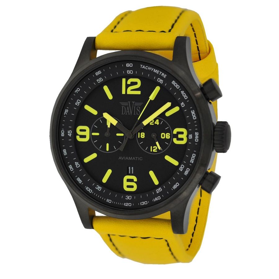 Aviamatic Yellow/Black herenhorloge van het merk Davis. Dit horloge is bijzonder dankzij de contrasterende kleuren: geel en zwart.