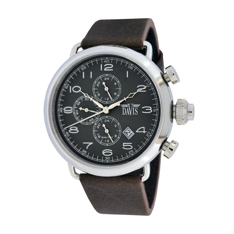 Franklin Watch Black - van Davis. Herenchronograaf in een donkere kleur en met een zwarte wijzerplaat die weelde uitstraalt. Het horloge heeft drie extra klokjes op de wijzerplaat (= Chronograaf). Functioneel, luxe en betrouwbaar - dat zijn drie woorden die het beste bij dit Davis herenhorloge passen.