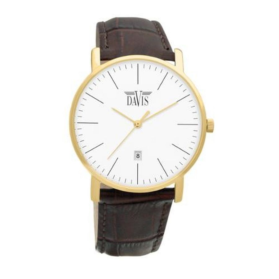 James Brown - horloge van het merk Davis. Dit horloge heeft een goudkleurige kast en een glanzende witte wijzerplaat. De bruin leren band zit bijzonder comfortabel om de pols. Davis is een uitstekend horlogemerk met een groot en ruim assortiment horloges voor zowel dames als heren. Horloges van Davis hebben een uitstekende naam en reputatie.