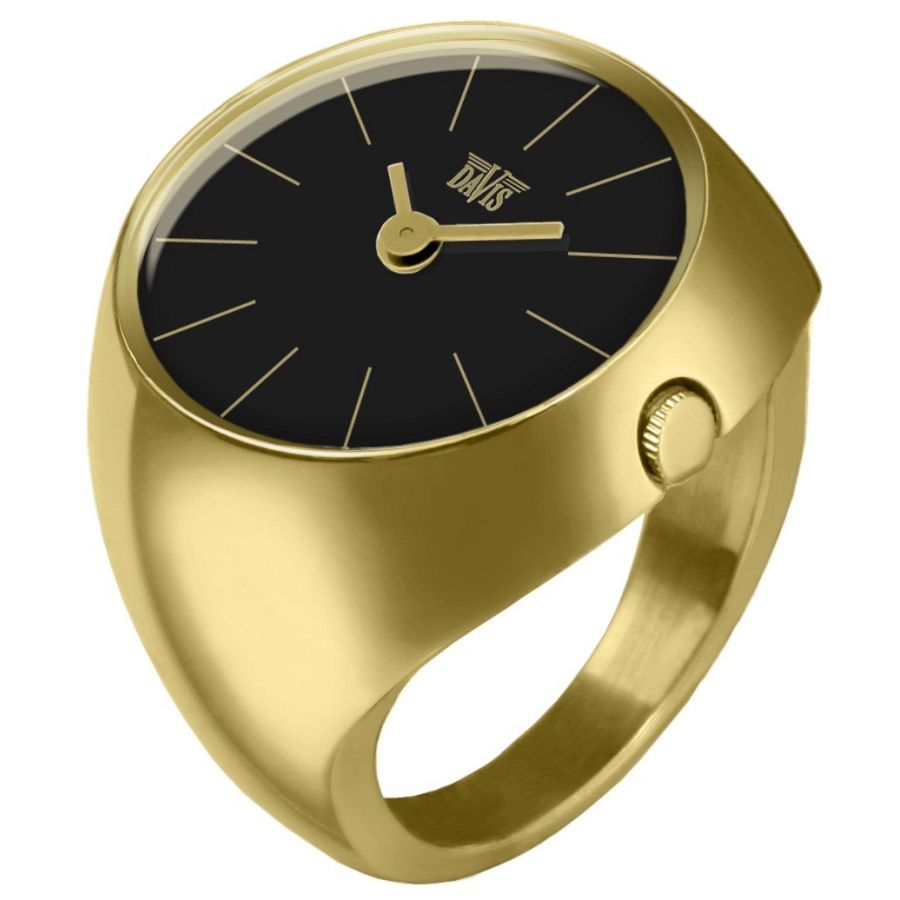 Maya Ring Black ringhorloge voor dames van het merk Davis. De vergulde en zwarte kleur laten een geweldige indruk achter.