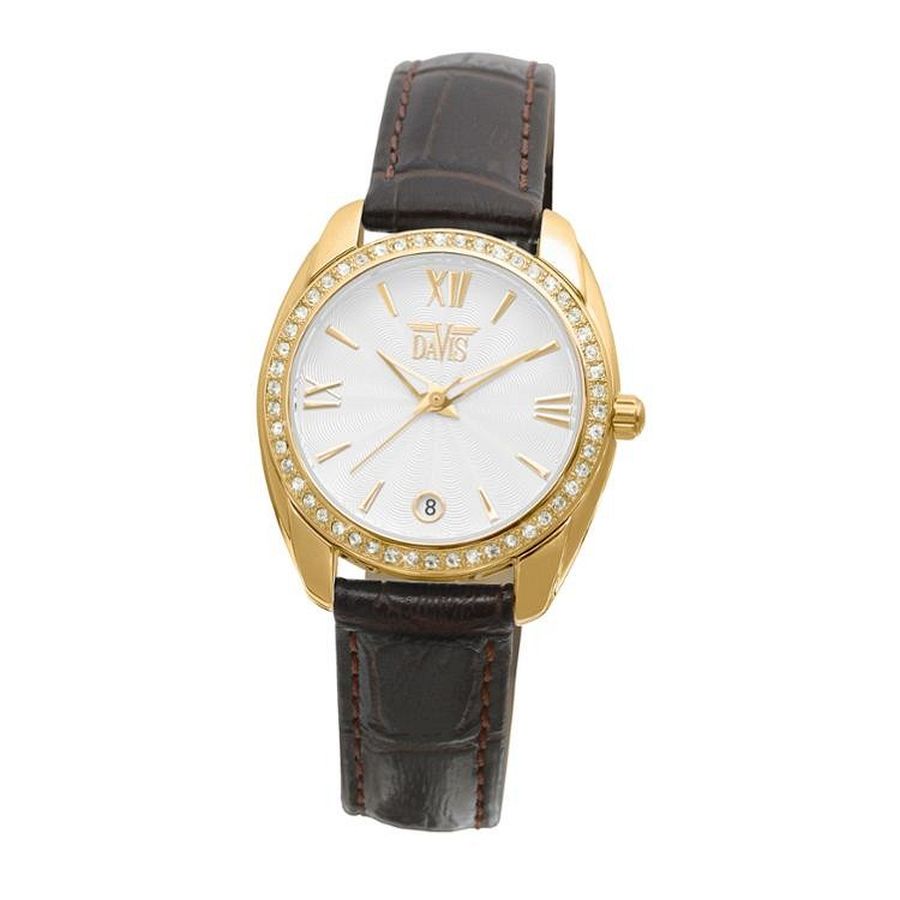 Davis Horloge - Eva Watch Brown. Een horloge waarvan de goudkleurige kast is versierd met zirkonias. Verder heeft het horloge een glanzend witte wijzerplaat en een comfortabele zwart leren band. Davis is een horlogemerk met een uitstekende reputatie en een zeer groot assortiment.