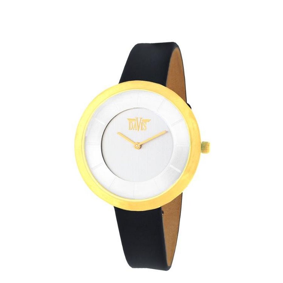 Mary Watch van  Davis. Een zowel modern als modieus horloge met een zwarte, witte en gouden kleur. De zwart leren band zit comfortabel om de pols en past perfect bij de kleine ronde kast. Horloges van Davis zijn van een uitmuntende kwaliteit en hebben een voortreffelijke reputatie.