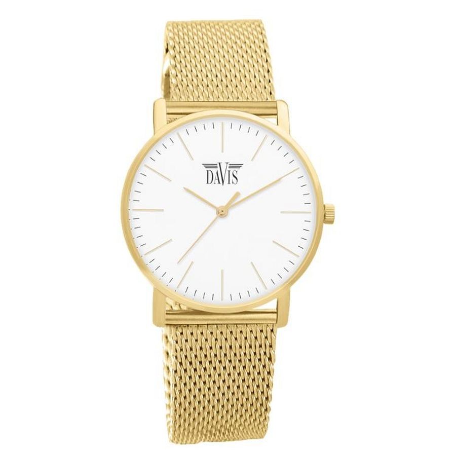 Horloge van het horlogemerk Davis - Charles Watch . Een luxe horloge met een gouden kleur en een stralende witte wijzerplaat. Dit horloge met luxe uitstraling heeft een goede prijs-kwaliteitsverhouding. Davis is een gevestigd horlogemerk met een uitstekende reputatie en zeer groot assortiment.