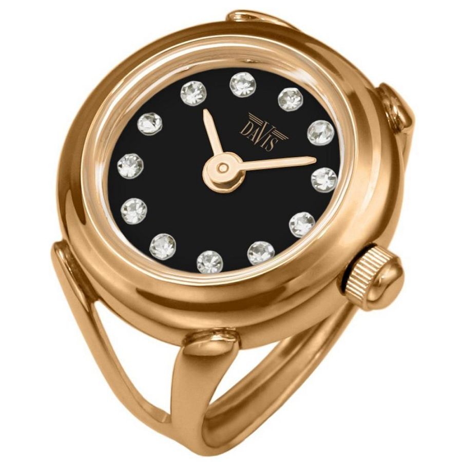 Edelstalen goudkleurig ring horloge met steentjes in de wijzerplaat