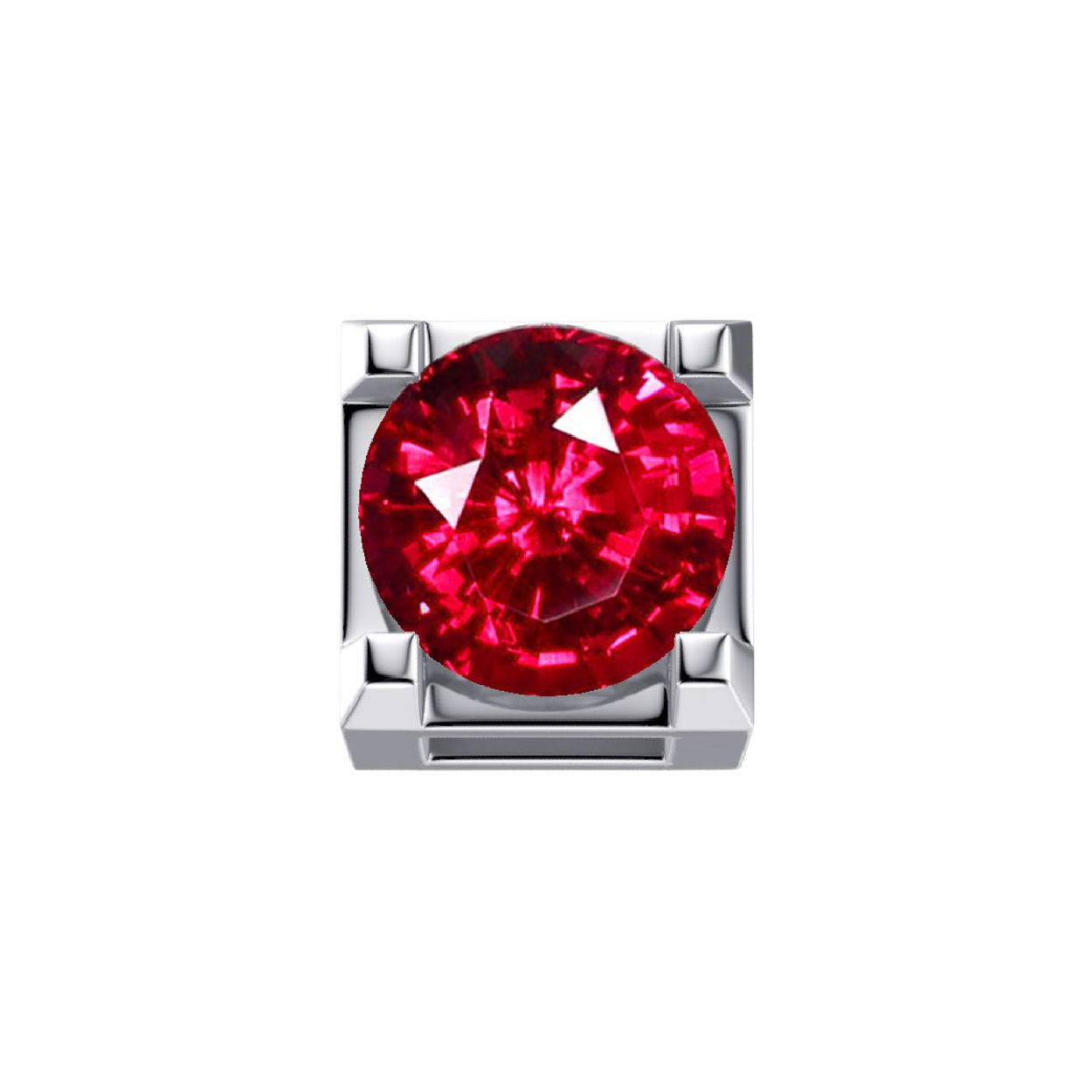 Dit is een bedel gemaakt van witgoud. Het sieraad is van het merk DonnaOro en is gemaakt voor dames.  De bedel bevat een robijn. Deze is rood van kleur.