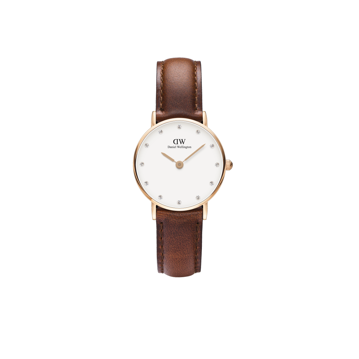 Daniel Wellington – rond rose plating dameshorloge in 26 mm met een witte wijzerplaat- zirconia’s op de wijzerplaat en een bruine leren band.