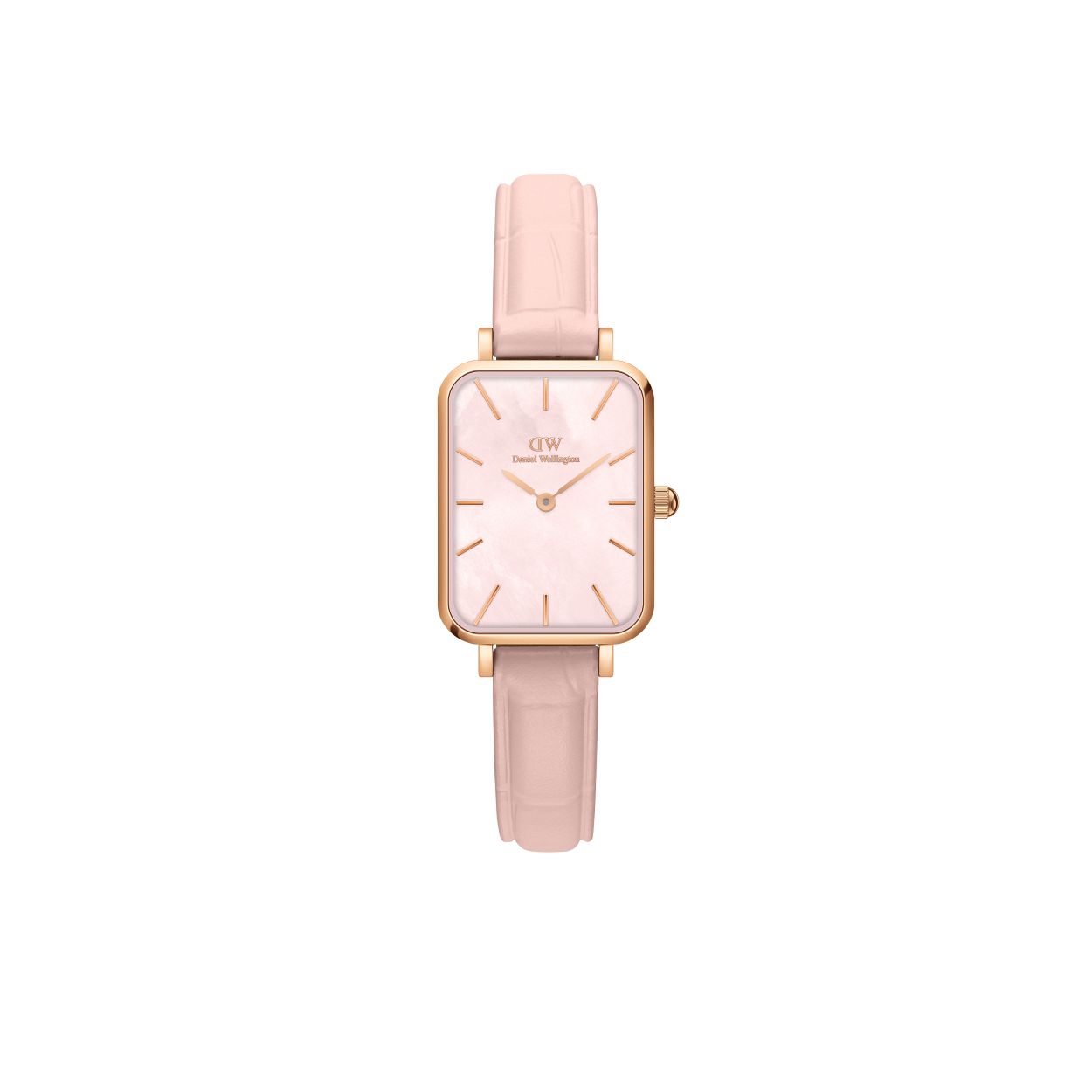 Daniel Wellington dames horloge, rose lederen band, rechthoekige rosé kast, rose parelmoer wijzerplaat.