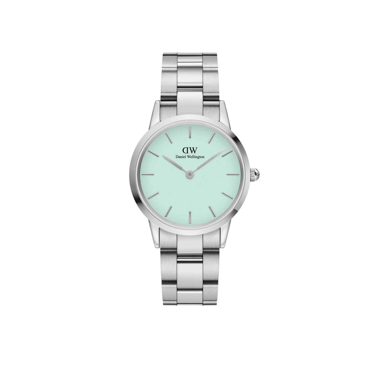 Daniel Wellington horloge, stalen band en kast, mint groene wijzerplaat.