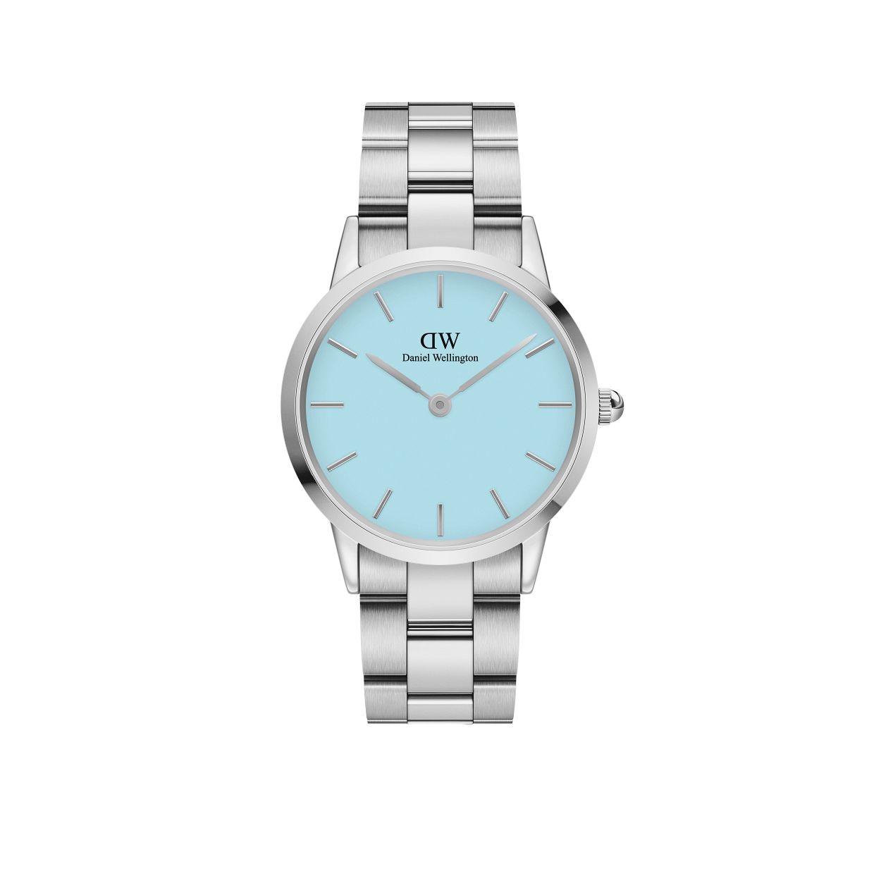 Daniel Wellington horloge, stalen band en kast, licht blauwe wijzerplaat.