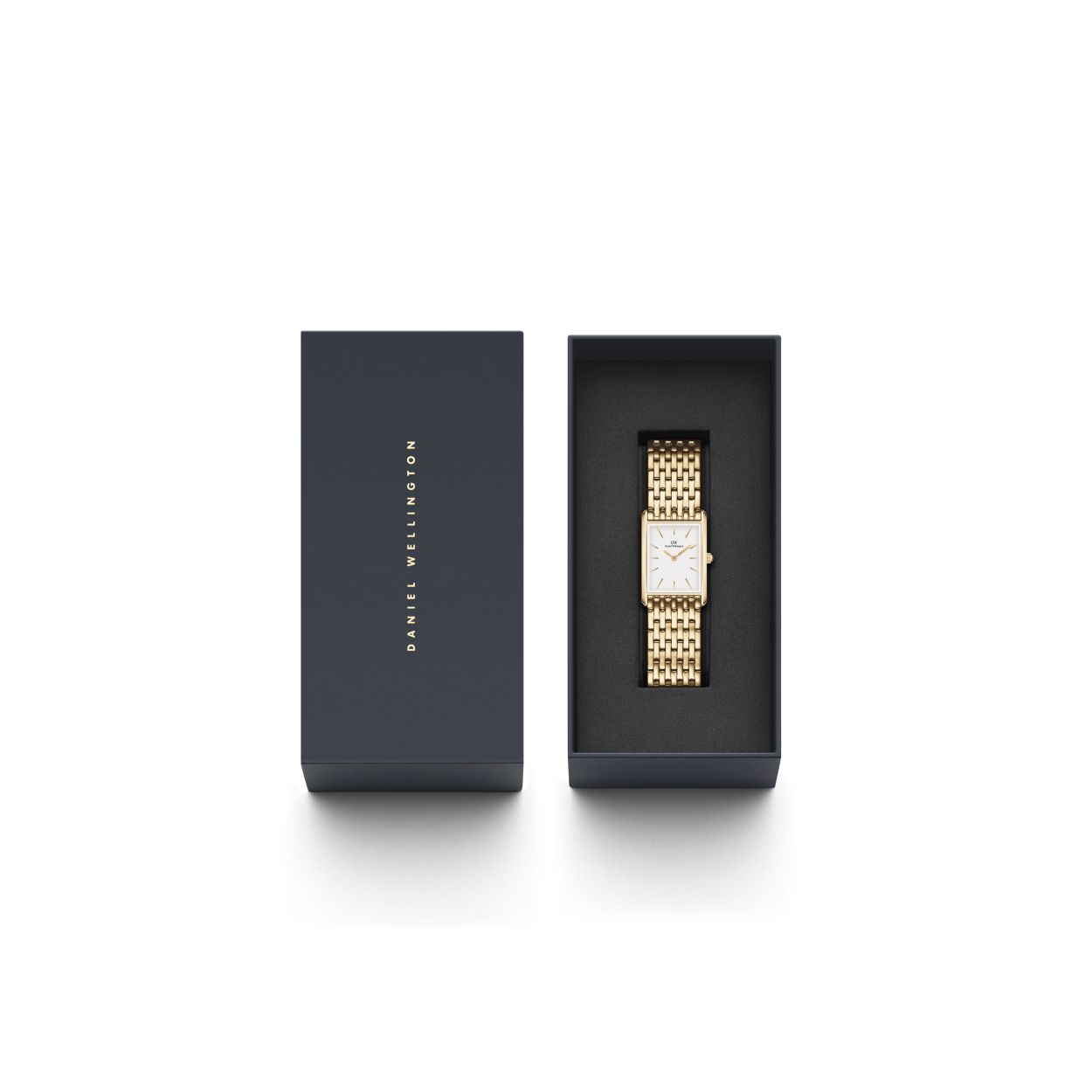 Daniel Wellington dames horloge "The Bound" goudkleurige, rechthoekige kast, witte wijzerplaat