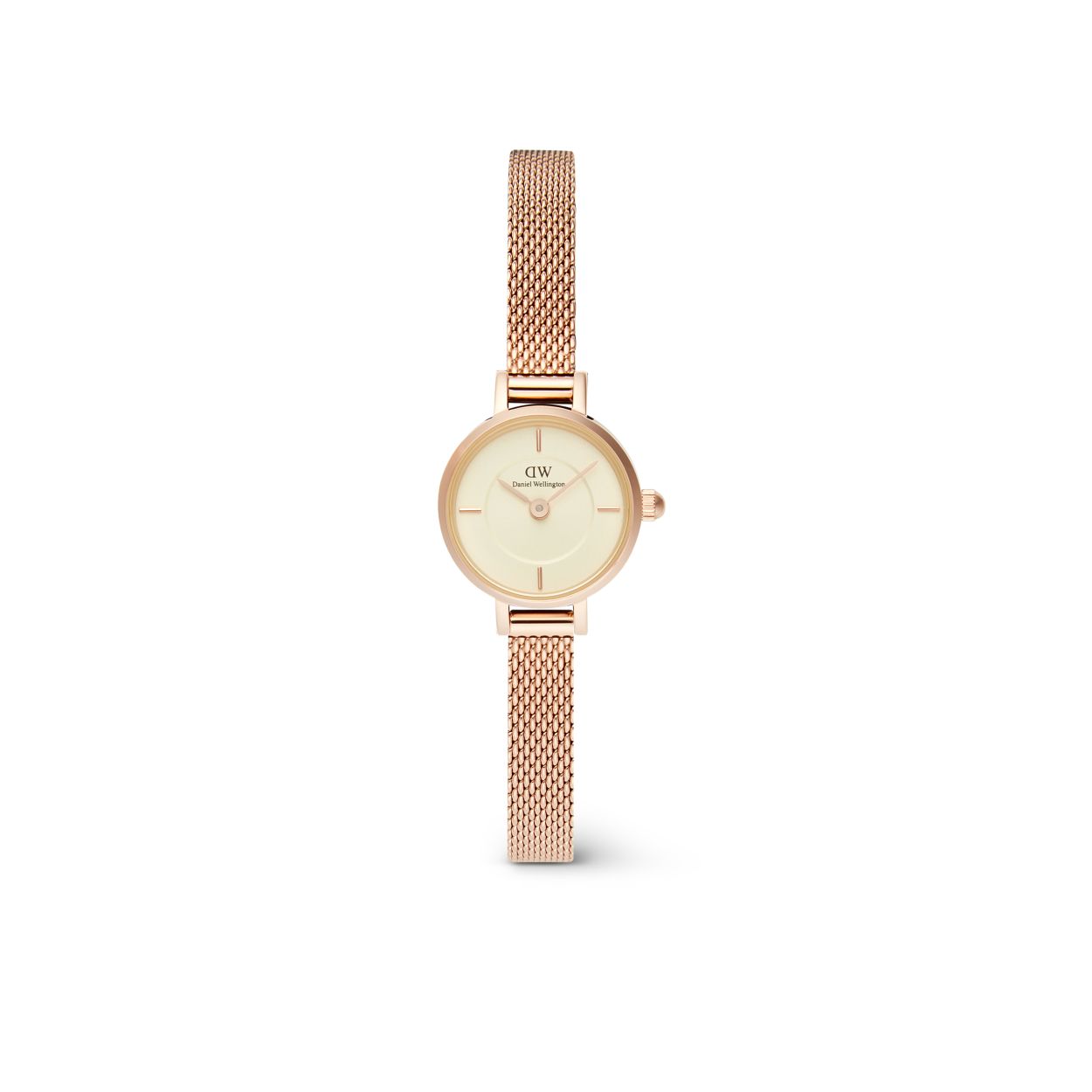 Die Petite Mini 19 Melrose RG Champagne, ist eine elegante Uhr mit cremefarbenem Zifferblatt, ros&eacute;goldenem Milanaise-Armband und ros&eacute;goldenem Edelstahlgeh&auml;use. Mit einer Breite von 6 mm und einem Durchmesser von 20 mm ist sie ideal f&uuml;r schmale Handgelenke. Perfekt kombinierbar mit eleganter Abendmode oder als stilvolles Accessoire im Alltag. Ohne Datumsfunktion.