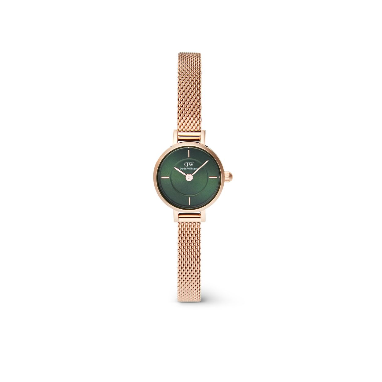 Die Petite Mini Daniel Wellington Damenuhr besticht durch ein gr&uuml;nes Zifferblatt und ein ros&eacute;goldfarbenes Geh&auml;use und Armband. Das Milanaise-Mesh Armband mit einer Breite von 6 mm verleiht Eleganz. Diese Uhr ist perfekt f&uuml;r das Handgelenk tragbar und hebt jedes Outfit stilvoll hervor &ndash; ideal f&uuml;r den t&auml;glichen Gebrauch oder besondere Anl&auml;sse.