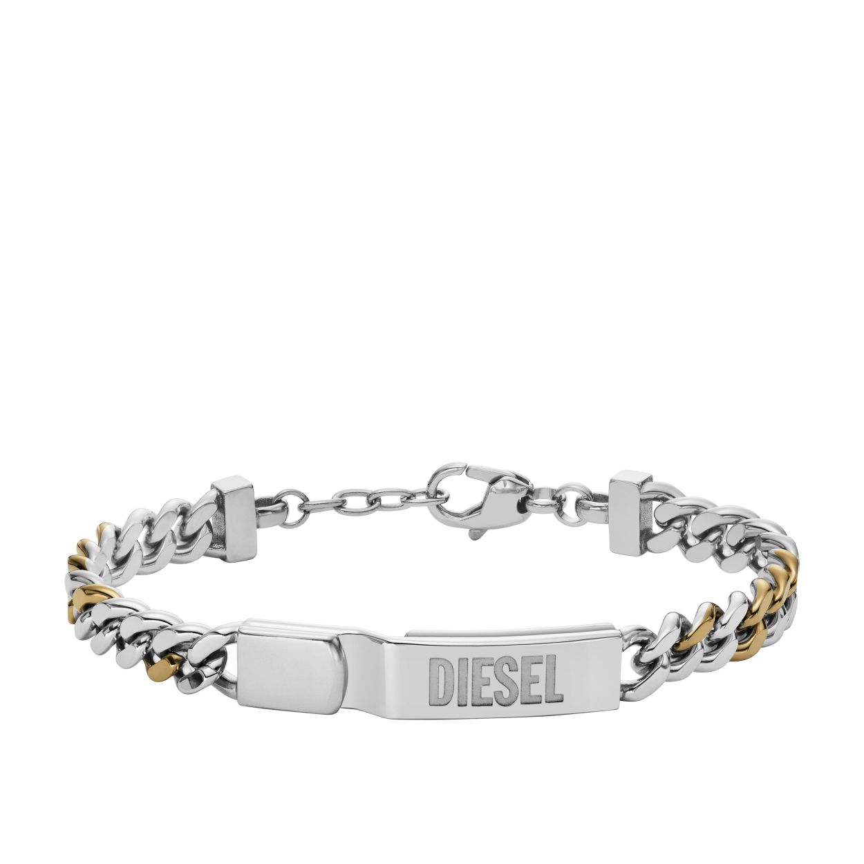 Deze Diesel ID-schakelarmband is tot 2 cm te verstellen doormiddel van de karabijnsluiting. Deze armband is gemaakt van tweekleurig roestvrij staal.

Roestvrij staal
Roestvrij staal is een duurzaam metaal van hoge kwaliteit dat een hogere weerstand heeft tegen aanslag en corrosie, en zal niet oxideren of zwart worden. Roestvrij staal is ook hypoallergeen, het beschermt de huid tegen irritatie. Roestvrij staal is niet-magnetisch.

Diesel
Stoer, rebels en allesbehalve verlegen. Diesel staat voor een flinke dosis pit. Diesel horloges weerspiegelen de zelfverzekerde, assertieve aard van het merk. Ze zijn groot, luidruchtig en nooit bang voor kleur. Ze volgen niet de 'regels' van klassieke horloge ontwerpen en geven er de voorkeur aan waar mogelijk nieuwe wegen in te slaan.