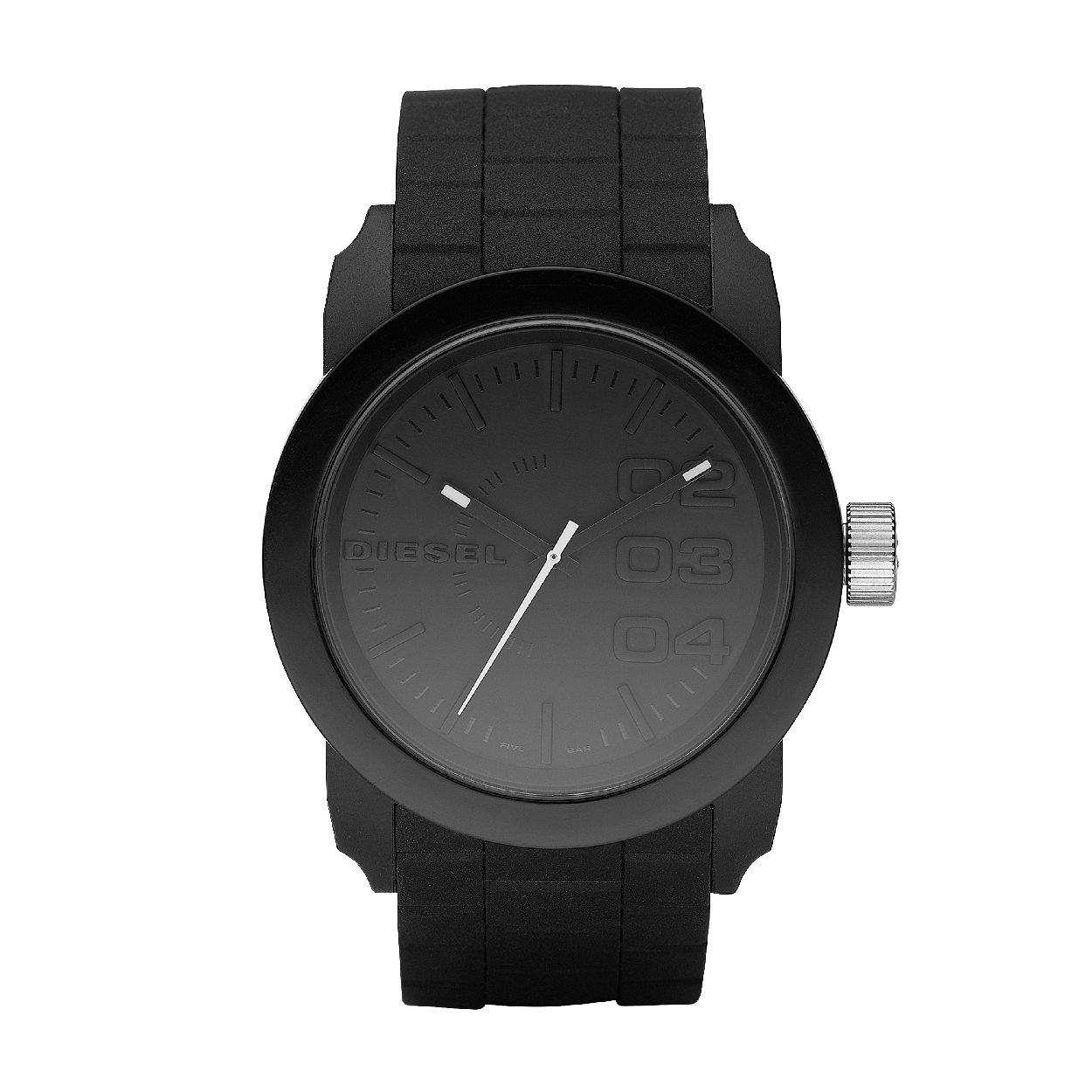 Dit Diesel horloge, uit de Double Down collectie, heeft een kunststof kast en siliconen band. De wijzerplaat is zwart met zwart-witte seconden wijzer