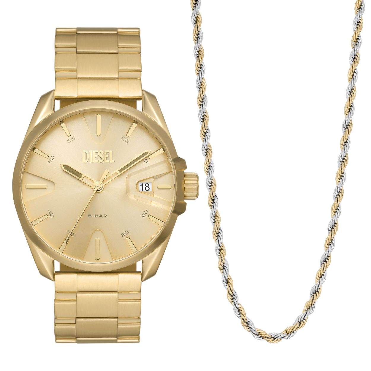 Goudkleurig Diesel horloge met een bicolor stalen collier in koord schakel