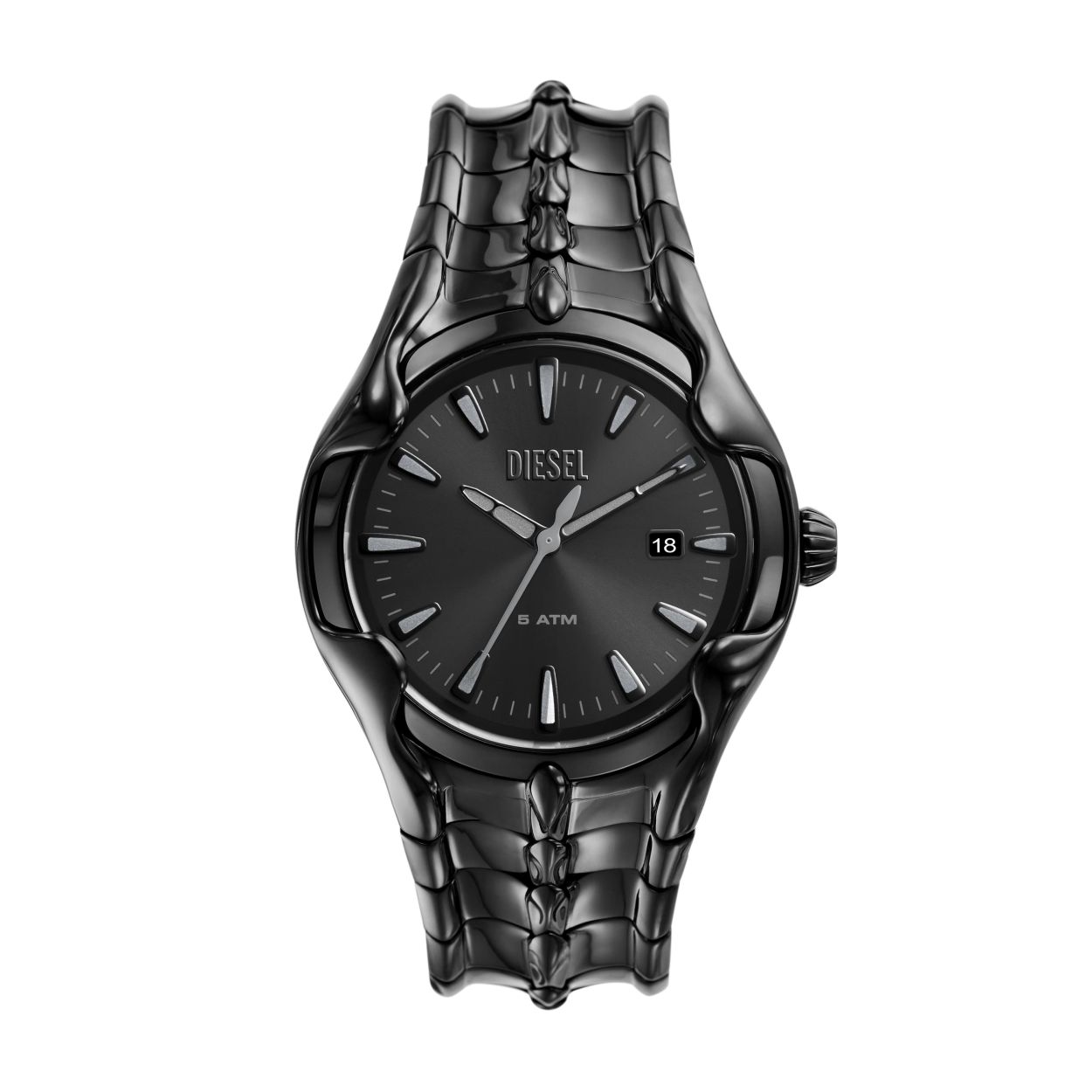 Dit Diesel Vert horloge van 44mm heeft een zwarte sunray-wijzerplaat, uurwerk met drie wijzers en datum, en een zwarte roestvrijstalen armband.