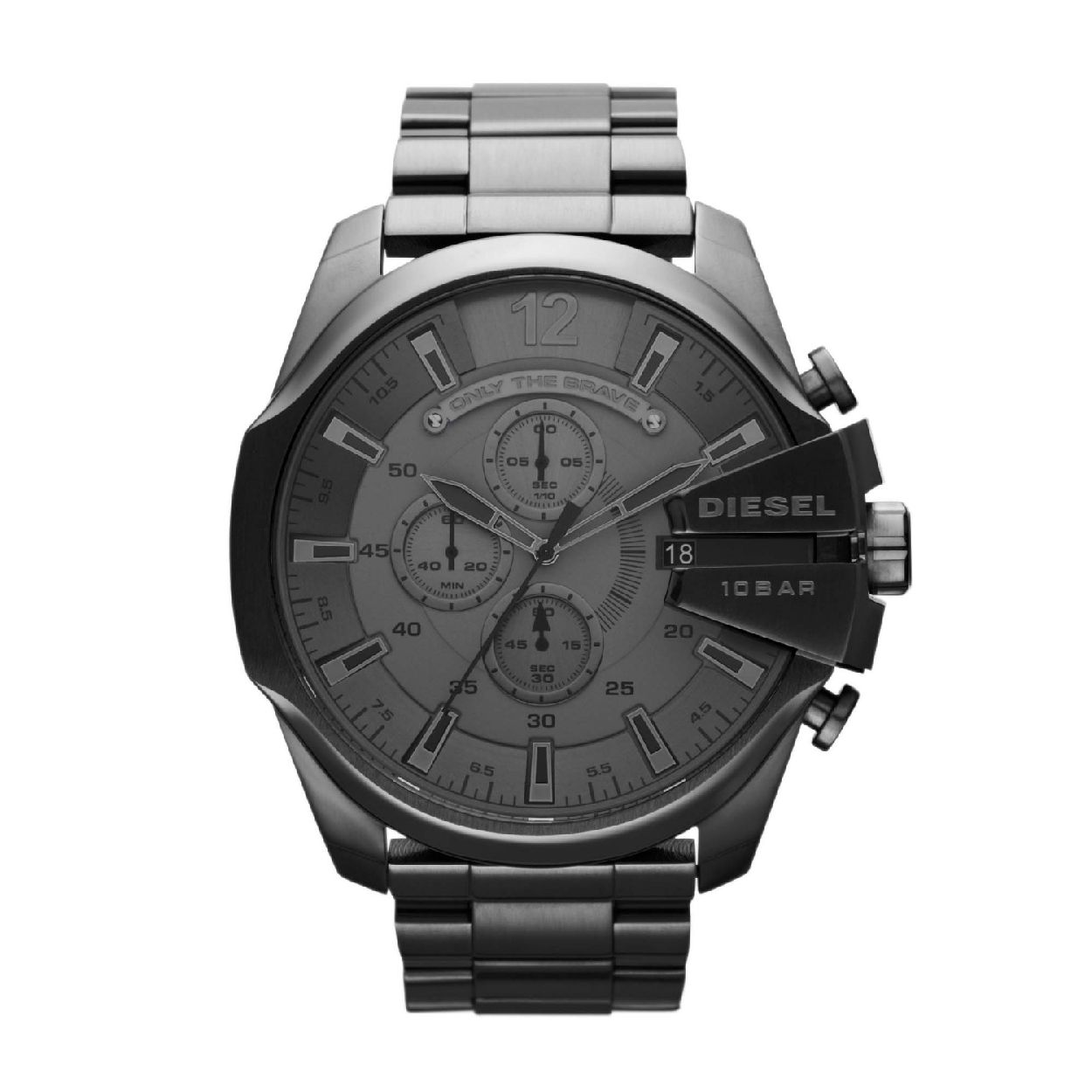 Diesel horloge chronograaf. Grijs stalen band en kast. Grijs kleurige wijzerplaat.