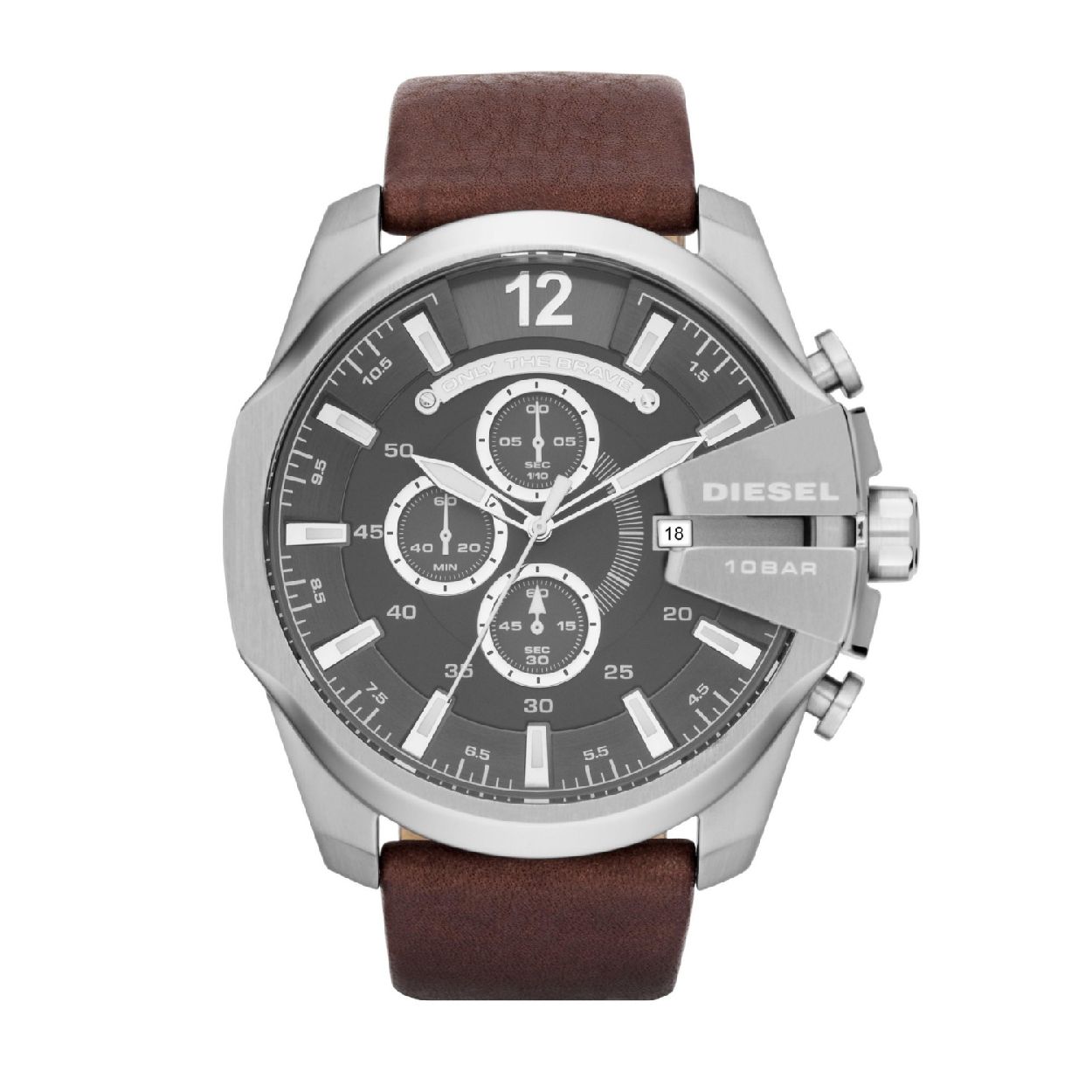 Diesel Quartz heren pols horloge staal met bruin lederen band uit de collectie Mega Chief.