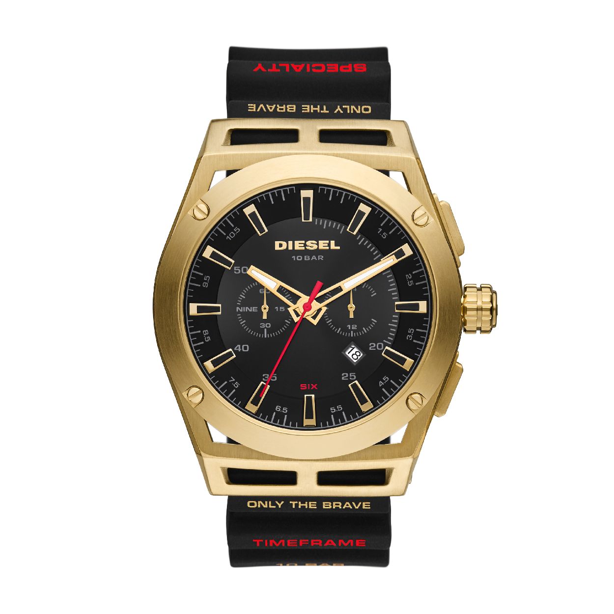 Dit herenhorloge is van het merk Diesel. Het is een chrono horloge met een band gemaakt van siliconen. De diameter van de kast is 48 mm.
De verdere specificaties van het horloge zijn als volgt:
Bandbreedte (mm): 26
Kastmateriaal: edelstaal
Techniek: quartz