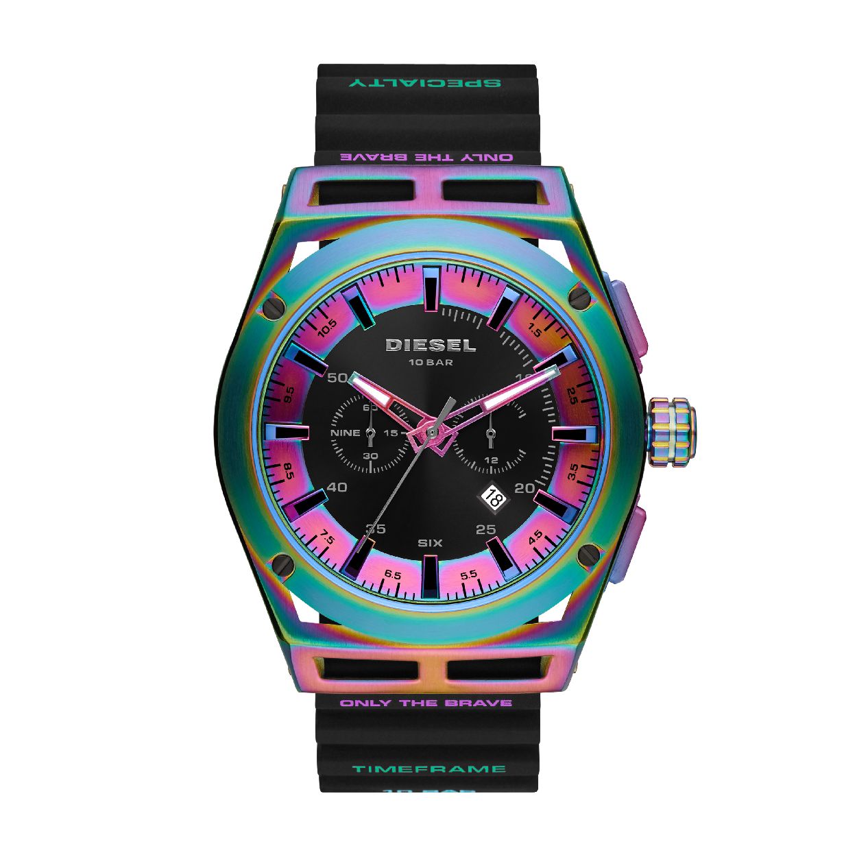 Dit herenhorloge is van het merk Diesel. Het is een chrono horloge met een band gemaakt van siliconen. De diameter van de kast is 48 mm.
De verdere specificaties van het horloge zijn als volgt:
Bandbreedte (mm): 26
Kastmateriaal: edelstaal
Techniek: quartz