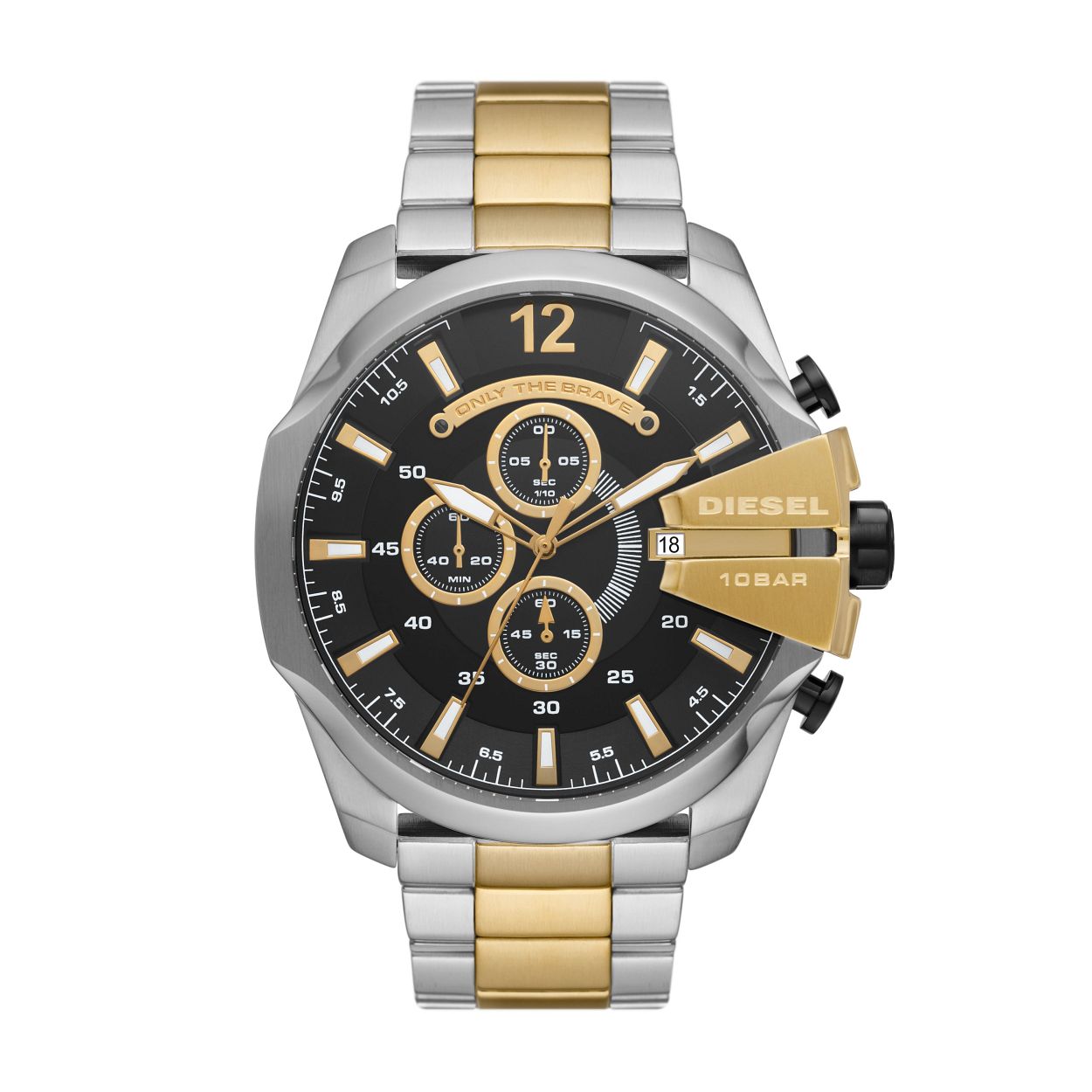 Diesel MEGA CHIEF horloge met bicolor horlogeband en zwarte wijzerplaat. Chronograaf - datumweergave 10BAR waterdicht.