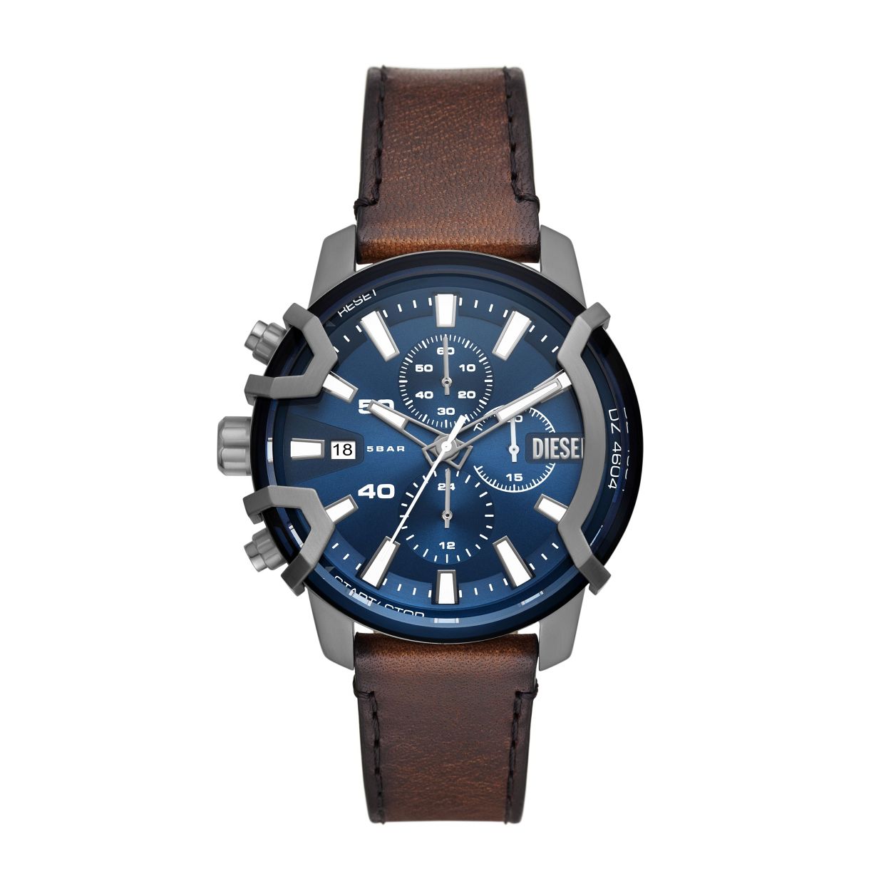Dit Diesel downsized Griffed horloge van 42mm heeft een blauwe sunray-wijzerplaat, een chronograaf uurwerk en een bruin leren bandje met leer afkomstig van een LWG-gecertificeerde leerlooierij.