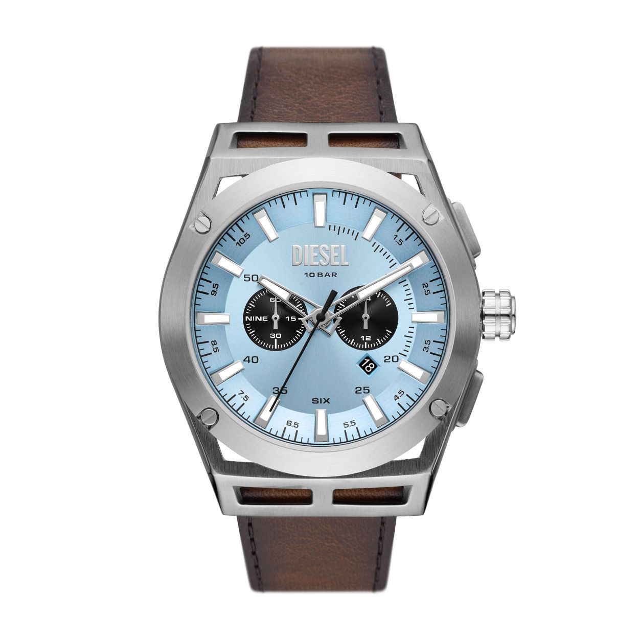 Dit Diesel Timeframe horloge van 48�mm heeft een blauwe sunray-wijzerplaat, een chronograaf uurwerk en een bruin leren bandje met leer afkomstig van een LWG-gecertificeerde leerlooierij.