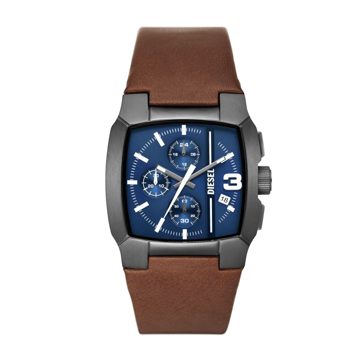 Diesel heren horloge 
bruine lederen band, stalen kast, blauwe wijzerplaat
