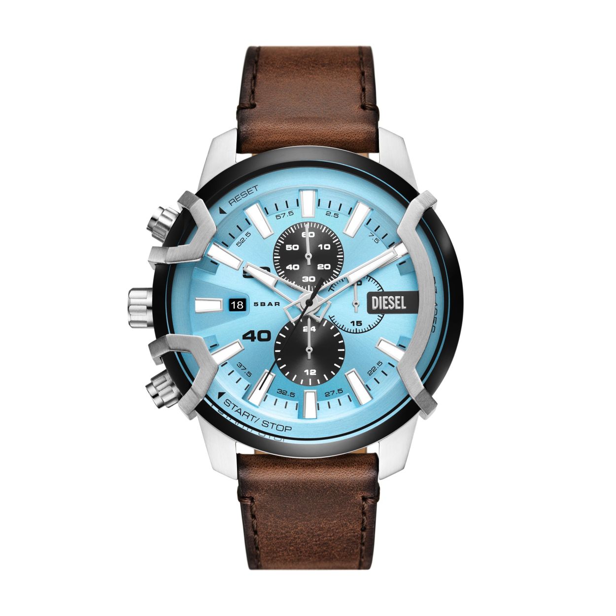 Dit Diesel Griffed horloge van 48mm heeft een blauwe sunray-wijzerplaat, chronograaf uurwerk en een bruin leren bandje.