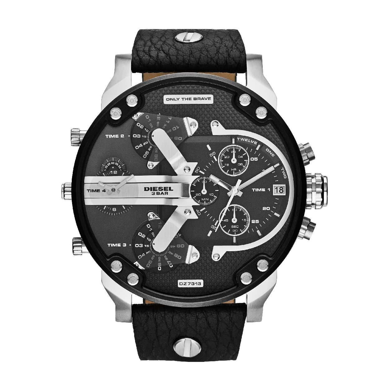 Diesel heren horloge, zwart lederen band, stalen kast met zwarte rand, zwarte wijzerplaat met 4 uurwerken.