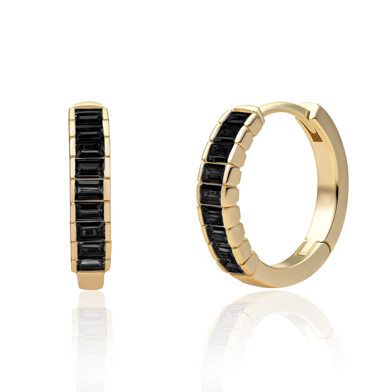 Oorbellen - Baguette Creolen Black CZ - Goud