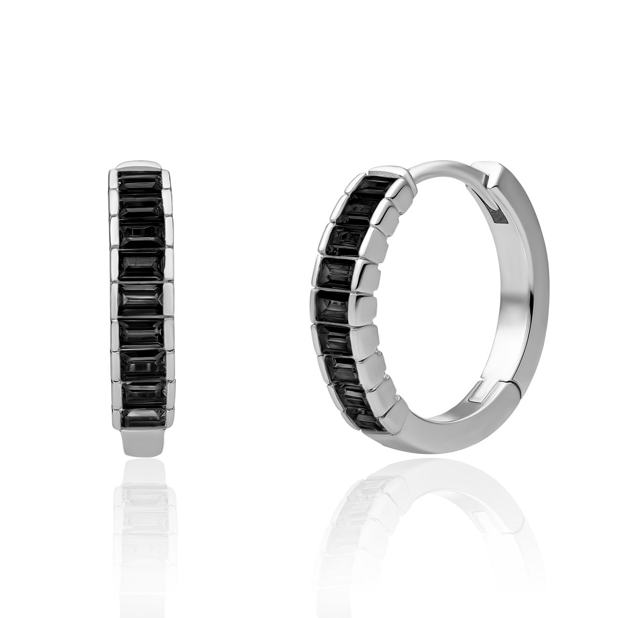 Oorbellen - Baguette Creolen Black CZ - Zilver