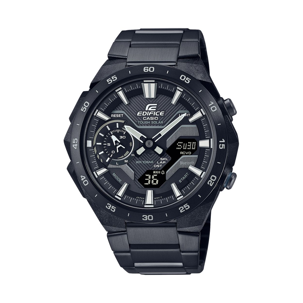Dit casio horloge behoort tot de Edifice collectie. 
Referentienummer: ECB-2200DC-1AEF

Dit stoere Edifice horloge heeft een zwarte wijzerplaat geïnspireerd op de racebaan. Deze chronograaf combineert digitale en analoge technologie. Het horloge is waterbestendig tot 10bar. 

Van opzij roept het horloge het gevoel op van de wind die langs een racewagen met pontoncarrosserie raast, en de strakke, driedimensionale mechanische wijzerplaat geeft dit model een unieke look van pure snelheid. De kast van met koolstofvezel versterkte hars is sterk, maar heel licht. Daardoor draagt dit horloge heel comfortabel. 

Synchroniseren met uw smartphone via Bluetooth® is een fluitje van een cent. Met de speciale app heb je toegang tot de functies die zo belangrijk zijn voor raceteams, zoals automatische nauwkeurige tijdregistratie en moeiteloos beheer van de wereldtijd. Je kunt bovendien tot wel 200 tot op de milliseconde zijn gemeten rondetijdenen overzetten naar je smartphone, en de analoge wijzerplaat wordt verlicht met Super Illuminator.

Tough Solar kan het horloge opladen met zonlicht of zelfs tl-licht. Een volle batterij gaat bij normaal gebruik tot wel zeven maanden mee. De band is afgewerkt met een zwarte, krasbestendige ionplating.