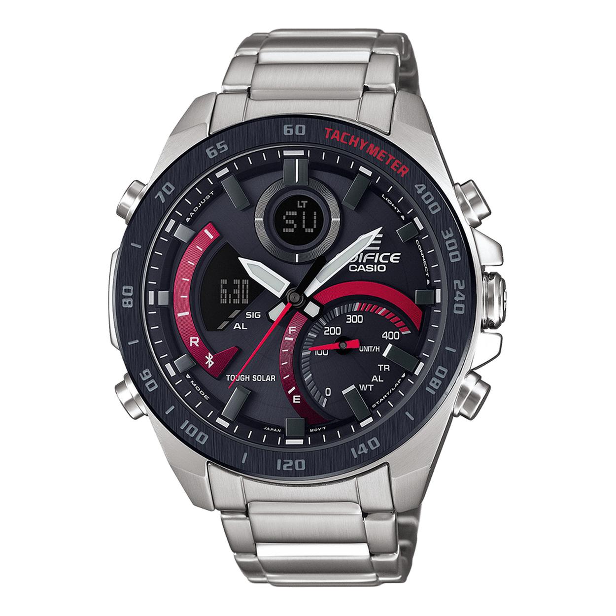 Dit Edifice horloge komt uit de EDIFICE BLUETOOTH-COLLECTIE. De zwarte wijzerplaat wordt beschermd door mineraalglas. De band is gemaakt van edelstaal. Dit horloge werkt op zonne-energie.
