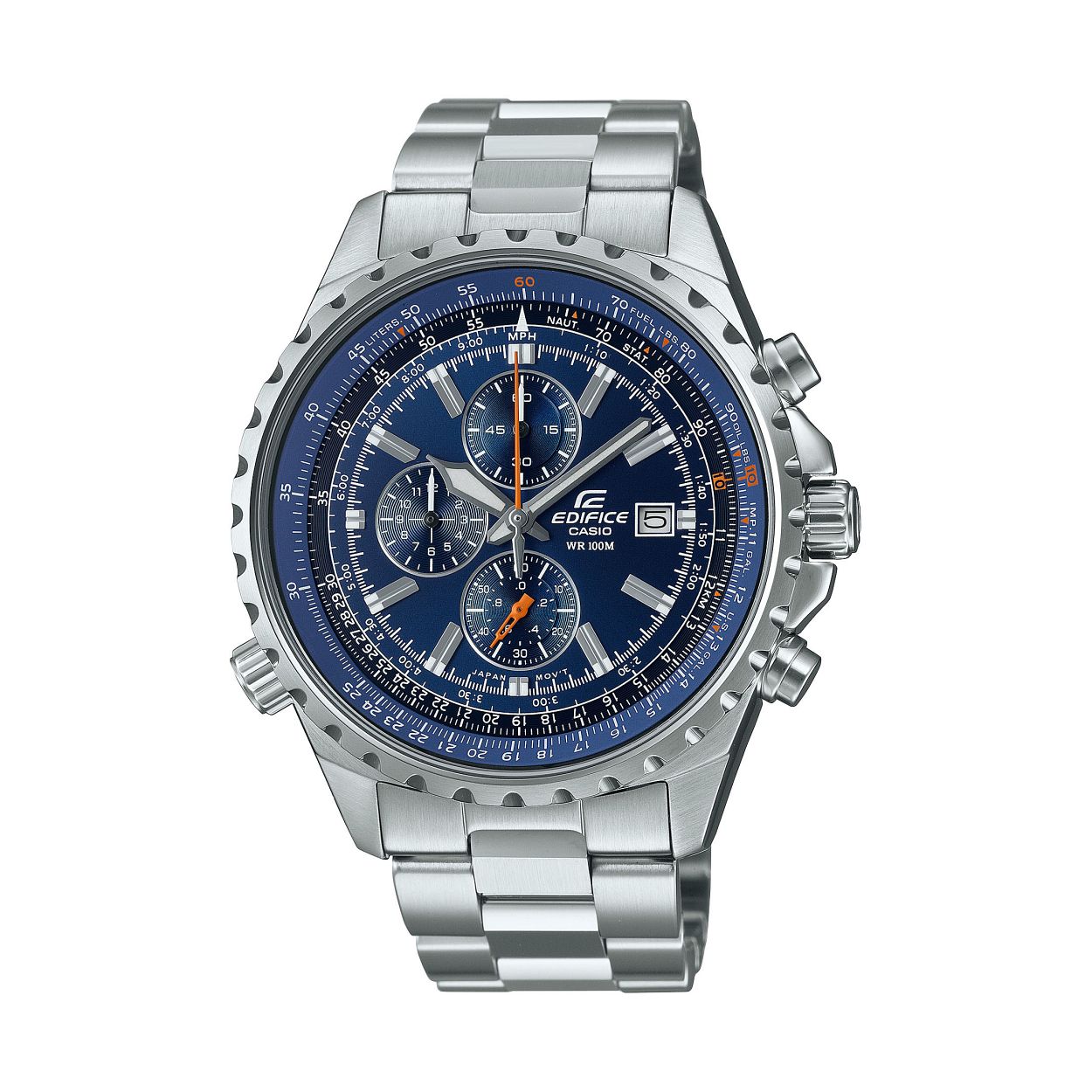 Comfort, stijl en intelligentie komen samen in de Edifice EF-527D-2AV met blauwe wijzerplaat. De solide roestvrijstalen armband omhelst de pols nog comfortabeler dankzij de kleinere, afgeronde segmenten, terwijl een gekartelde lunette, precieze wijzerplaatindices en mineraalglas het horloge een stijlvolle, technische look geven. Binnenin zorgen een 1/20 chronograaf en een roterende rekenliniaal voor nauwkeurige metingen en berekeningen van tijd, snelheid, brandstofverbruik en nog veel meer.