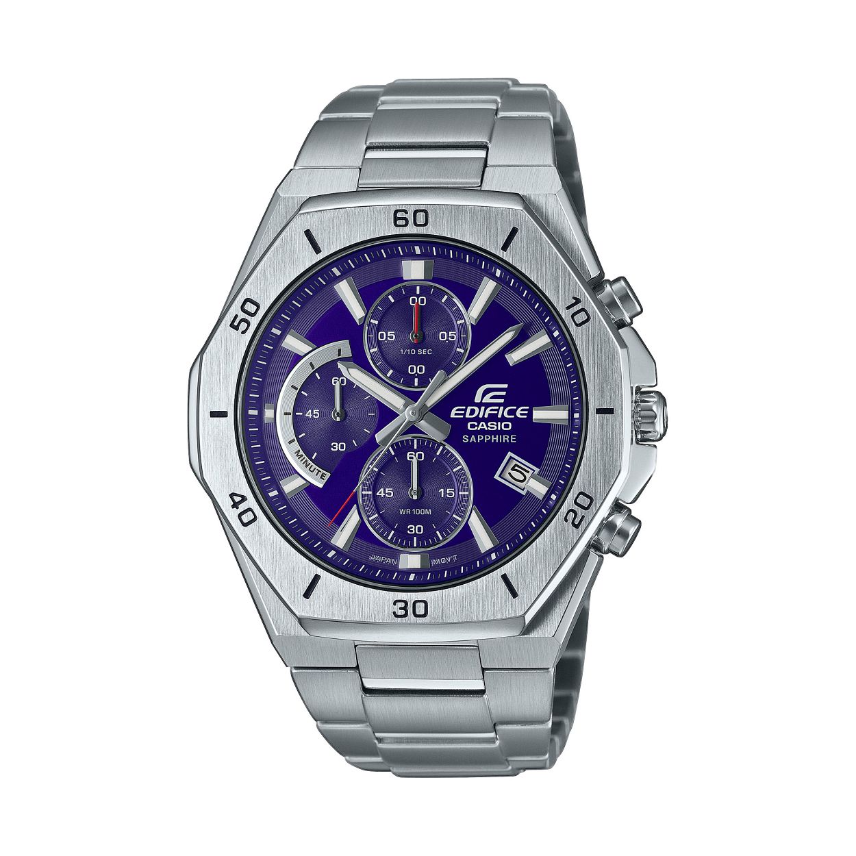 Dit is een Casio horloge uit de collectie EDIFICE Classic. 
Dit horloge heeft de volgende specificaties: 

Kast: 
Kastmateriaal: Massieve roestvrijstalen kast
Kasthoogte: 48 mm
Kastbreedte: 45.8 mm
Kastdikte: 10.5 mm

Band: 
Sluiting: Veiligheidssluiting
Bandmateriaal: Massief edelstalen armband
Bandbreedte: 25.8 mm
Bandlengte: 150-205 mm

Overige specificaties: 
Gewicht: 151 gram
Glassoort: Saffierglas
Waterdichtheid: Classificatie waterbestendigheid (10 bar)
Batterijduur: 3 jaar - 1 batterij
Datumweergave
Neo-display
Stopwatchfunctie - 1/10 sec. - 1 uur
Verschroefde horlogekastbodem
Batterij: SR920SW
ACCURATIE: +/- 20 sec