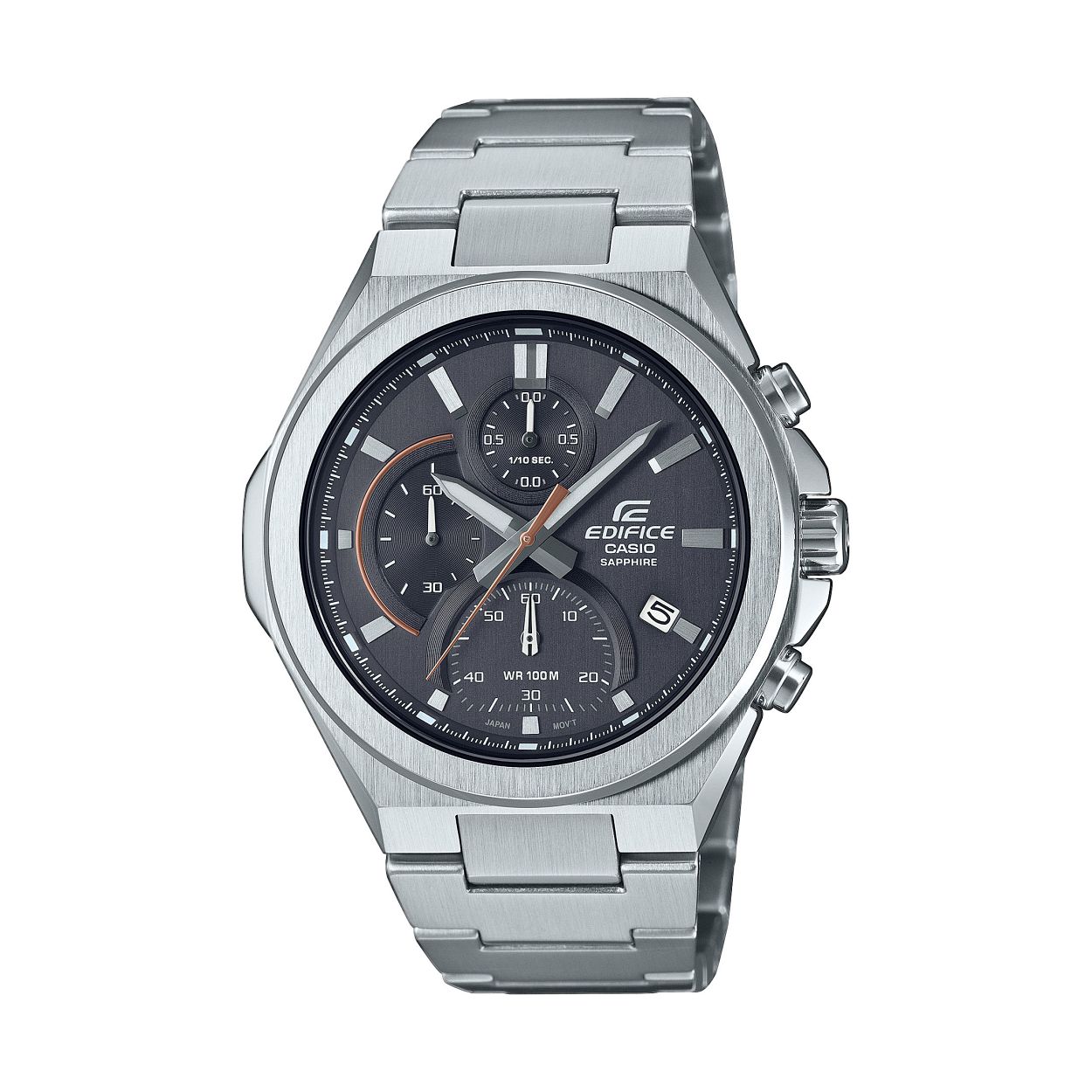 Dit is een horloge van het merk Casio uit de collectie EDIFICE Classic.

De specificaties van dit horloge zijn: 
Kasthoogte: 47.5 mm
Kastbreedte: 45 mm
Kastdikte: 10.5 mm
Bandbreedte: 25.8 mm
Bandlengte: 150-205 mm
Gewicht: 140 gram

Dit horloge heeft de volgende functies/eigenschappen: 
Neo-display
Datumweergave
Stopwatchfunctie - 1/10 sec. - 1 uur
Saffierglas
Massieve roestvrijstalen kast
Verschroefde horlogekastbodem
Massief edelstalen armband
Veiligheidssluiting
3 jaar - 1 batterij
Classificatie waterbestendigheid (10 bar)